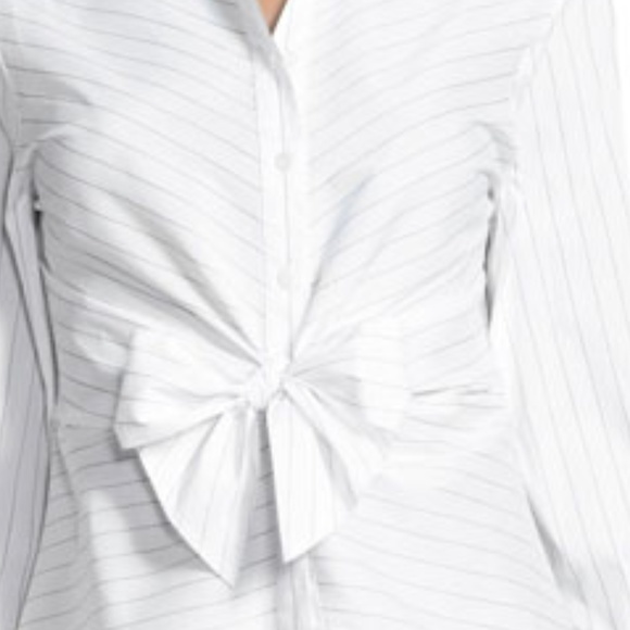 Neiman Marcus Striped Tie-Front Blouse, White/Black - Picture 3 of 4